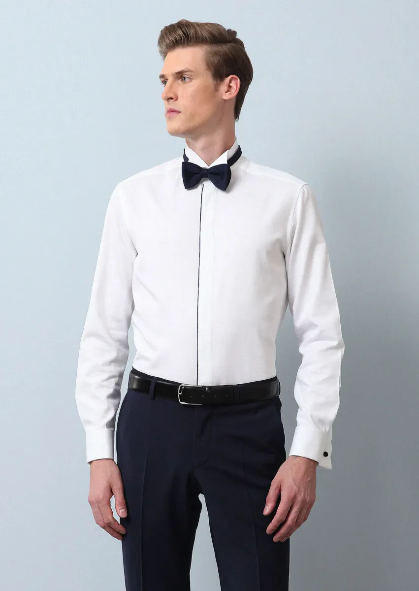 Beyaz Mikro Fitted Fit Duble Manşet Ata Yaka Smokin Gömlek - 2