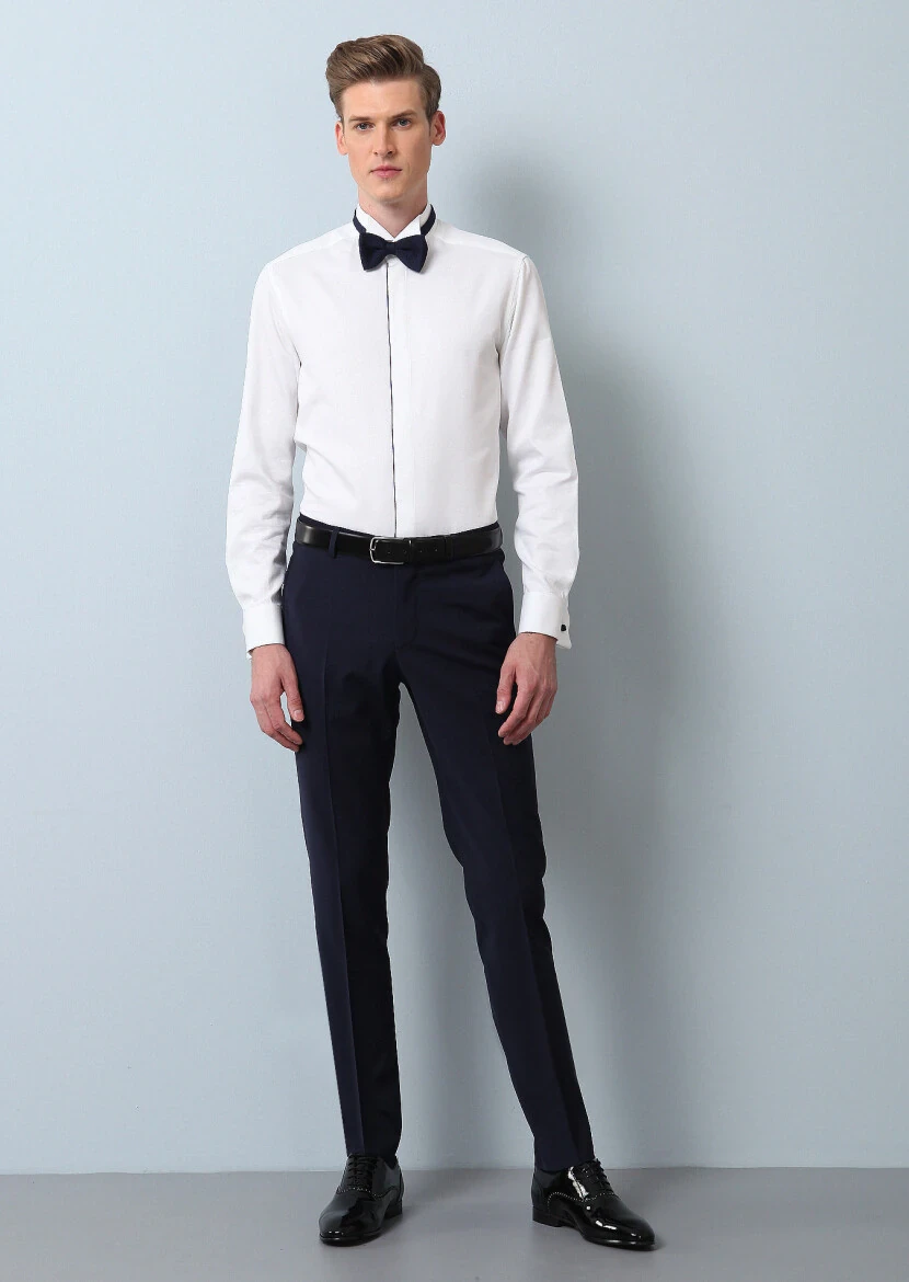 Beyaz Mikro Fitted Fit Duble Manşet Ata Yaka Smokin Gömlek - 3