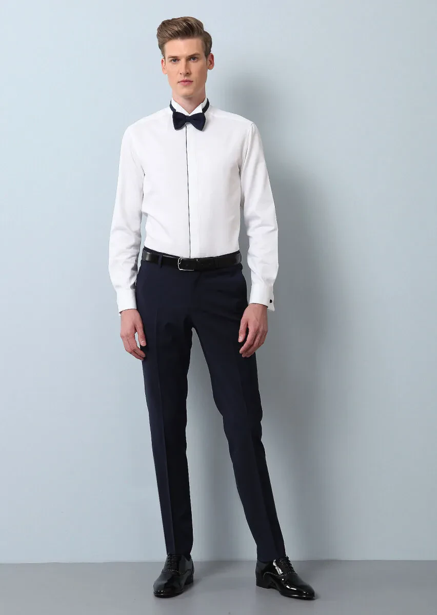 Beyaz Mikro Fitted Fit Duble Manşet Ata Yaka Smokin Gömlek - 3