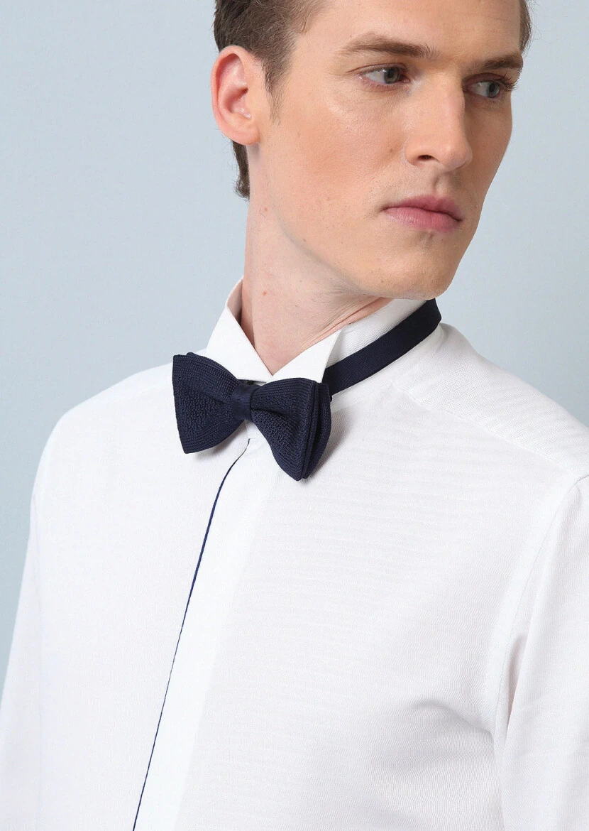 Beyaz Mikro Fitted Fit Duble Manşet Ata Yaka Smokin Gömlek - 4