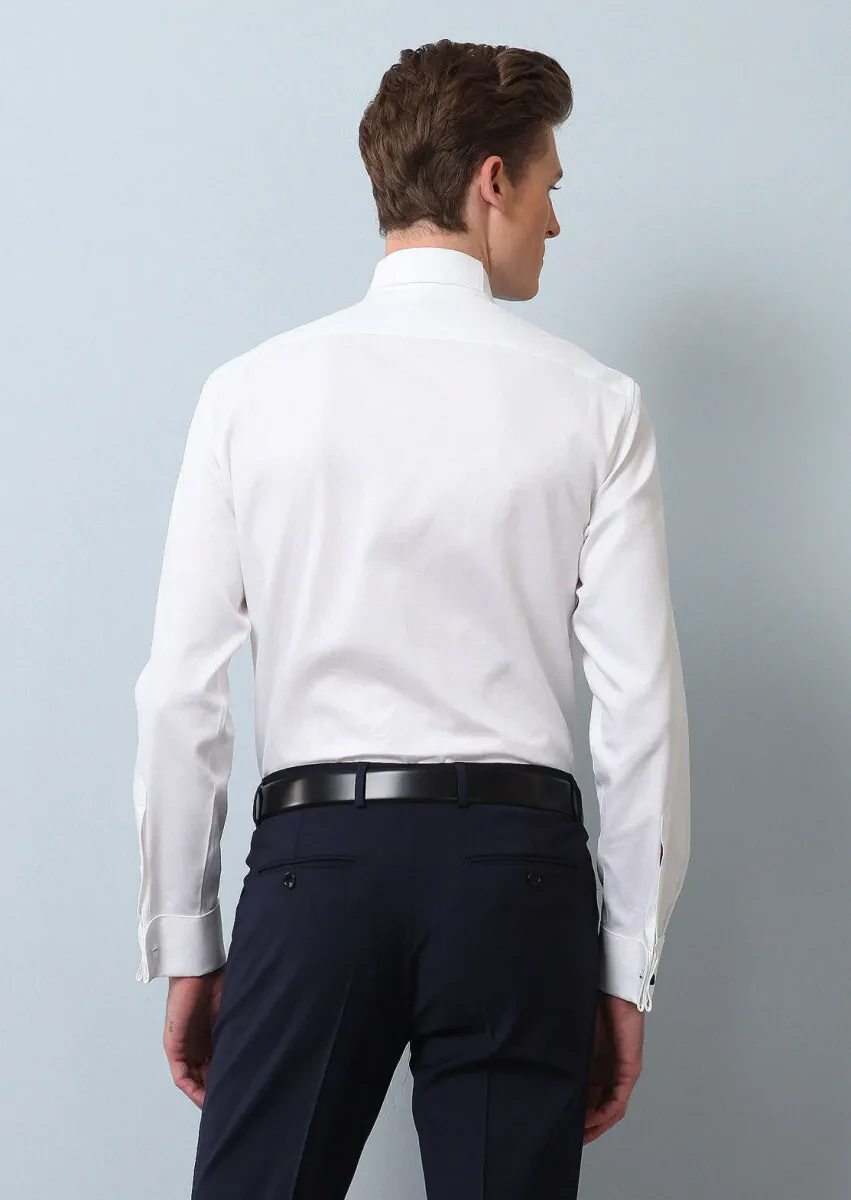 Beyaz Mikro Fitted Fit Duble Manşet Ata Yaka Smokin Gömlek - 5