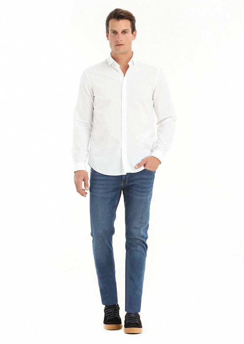 Beyaz Mikro Regular Fit Dokuma Casual Pamuk Karışımlı Gömlek - 1