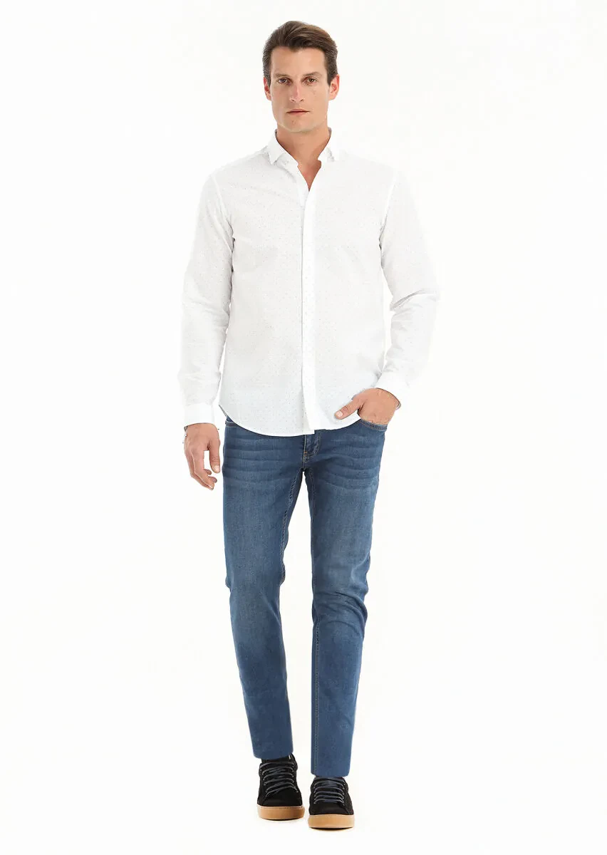Beyaz Mikro Regular Fit Dokuma Casual Pamuk Karışımlı Gömlek - 1