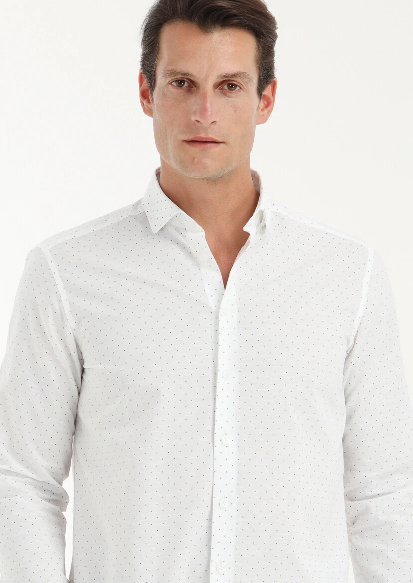 Beyaz Mikro Regular Fit Dokuma Casual Pamuk Karışımlı Gömlek - 2