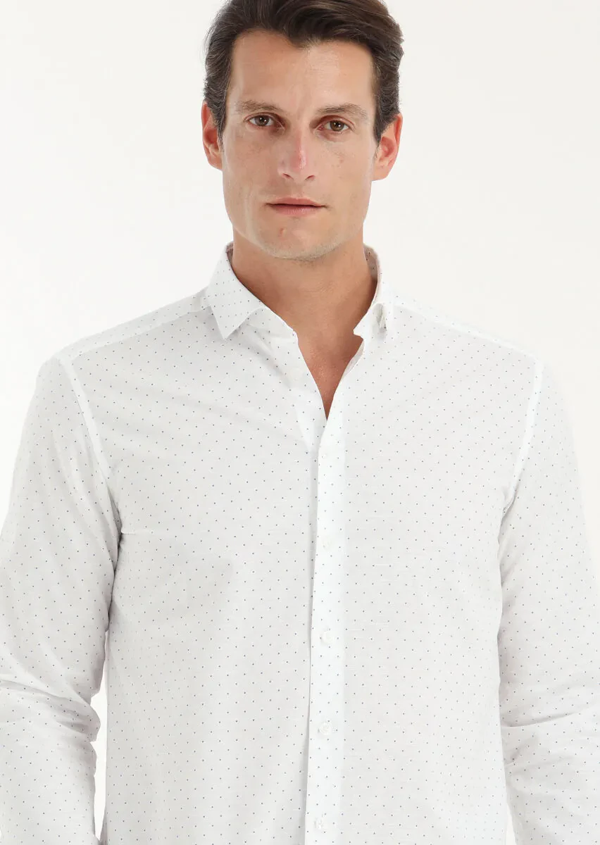 Beyaz Mikro Regular Fit Dokuma Casual Pamuk Karışımlı Gömlek - 2