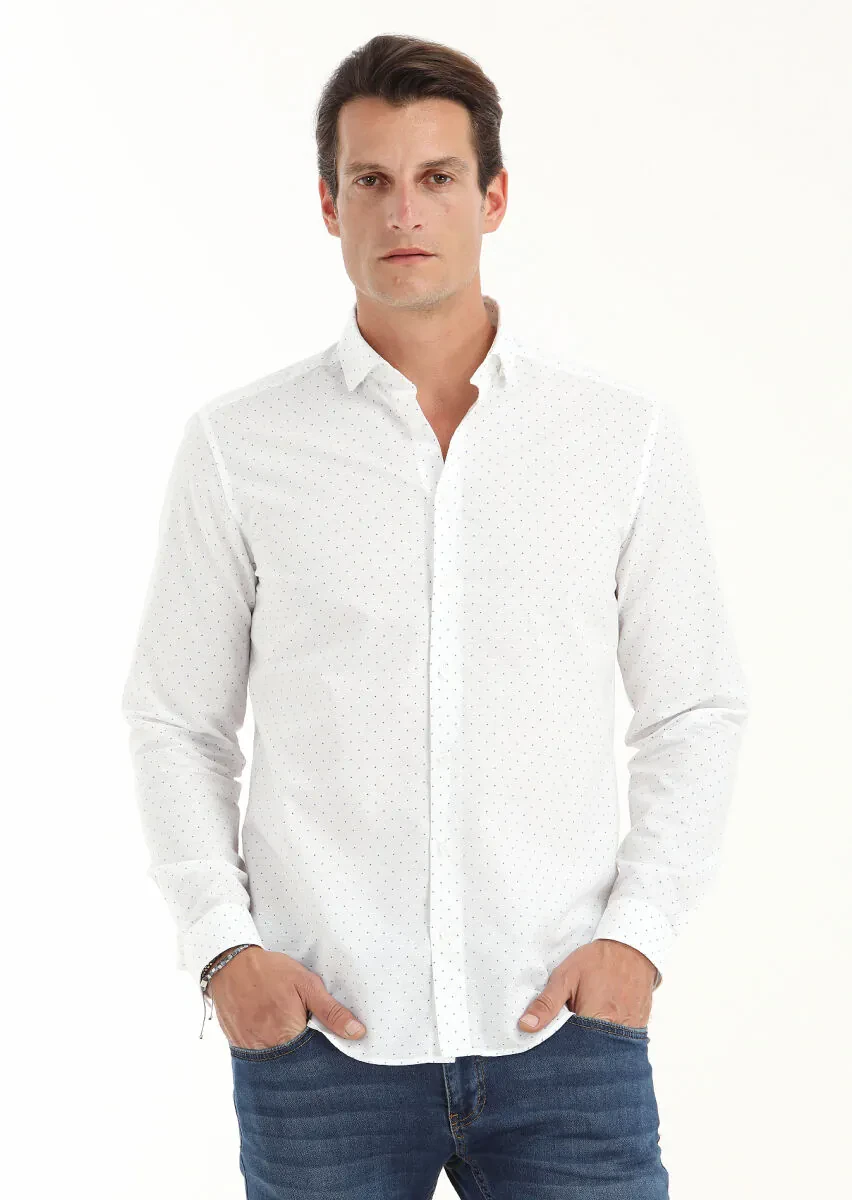 Beyaz Mikro Regular Fit Dokuma Casual Pamuk Karışımlı Gömlek - 3