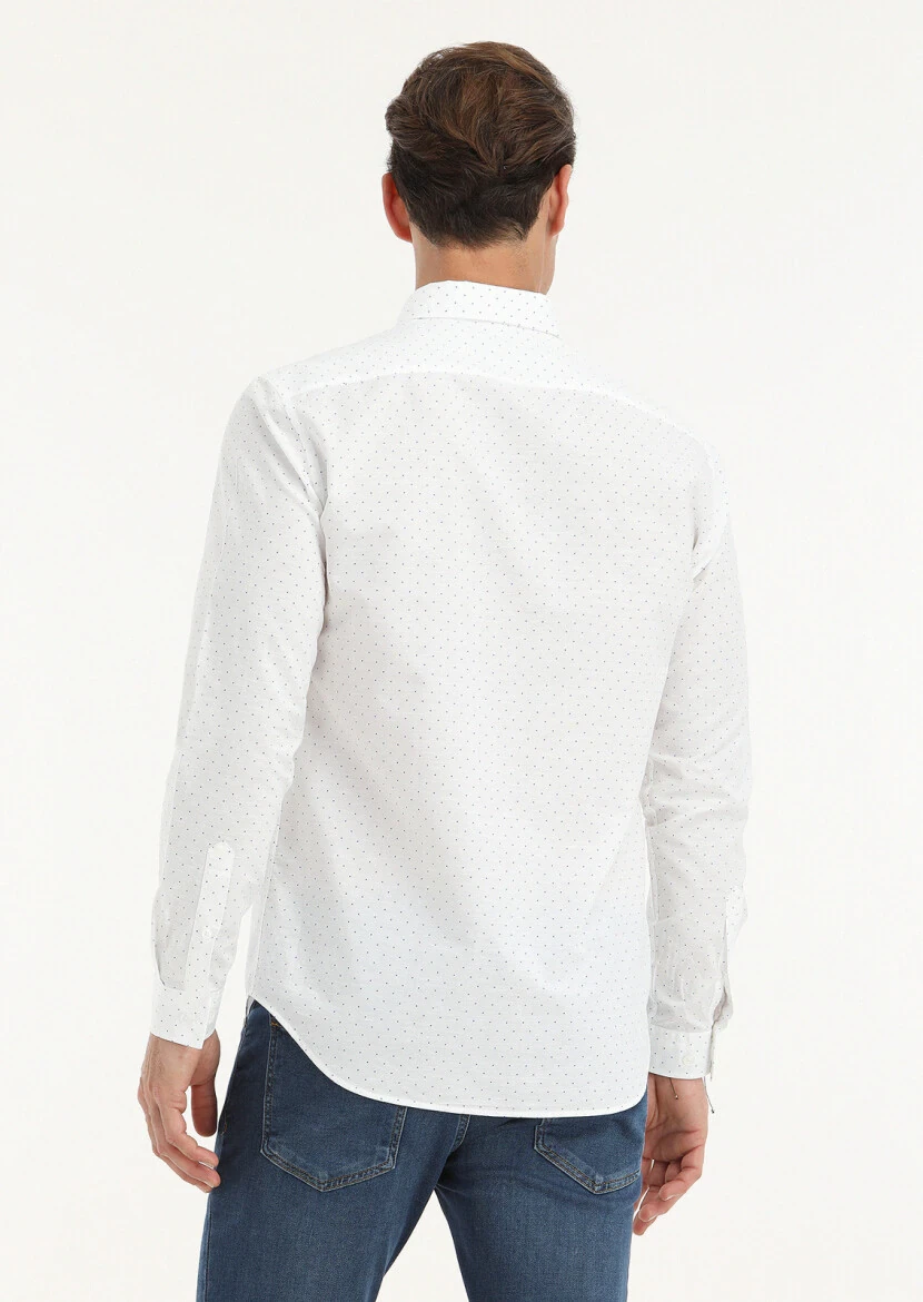 Beyaz Mikro Regular Fit Dokuma Casual Pamuk Karışımlı Gömlek - 4