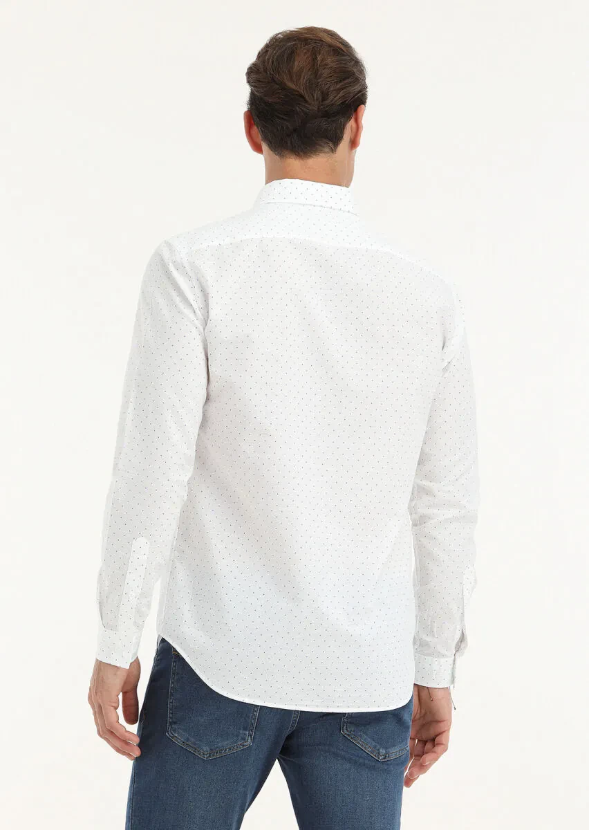 Beyaz Mikro Regular Fit Dokuma Casual Pamuk Karışımlı Gömlek - 4