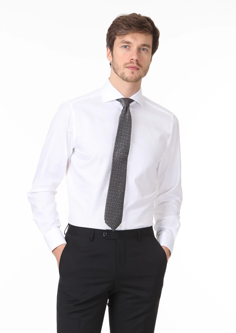 Beyaz Mikro Regular Fit Dokuma Klasik %100 Pamuk Gömlek - 1