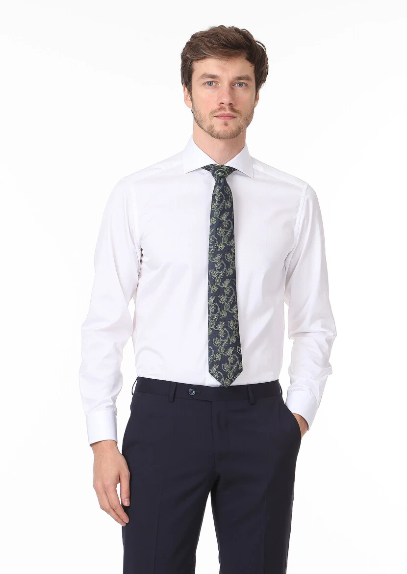 Beyaz Mikro Regular Fit Dokuma Klasik %100 Pamuk Gömlek - 1