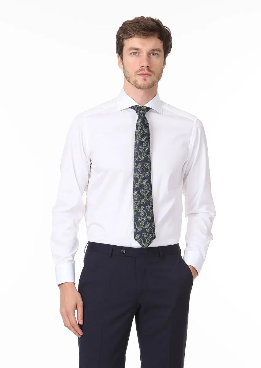 Beyaz Mikro Regular Fit Dokuma Klasik %100 Pamuk Gömlek - 1