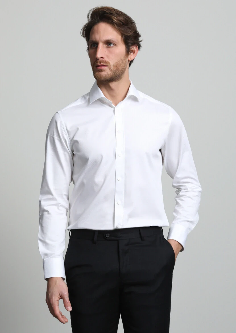 Beyaz Mikro Regular Fit Dokuma Klasik %100 Pamuk Gömlek - 1