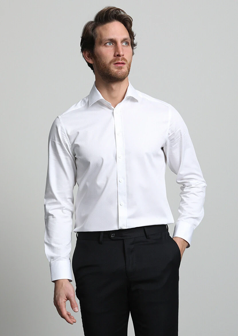 Beyaz Mikro Regular Fit Dokuma Klasik %100 Pamuk Gömlek - 3