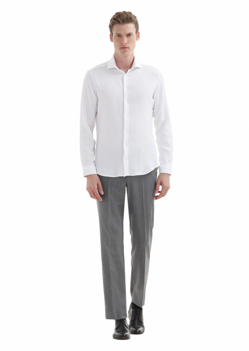 Beyaz Mikro Slim Fit Casual %100 Pamuk Gömlek - 1