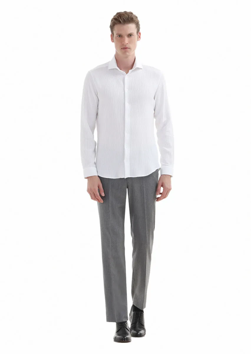 Beyaz Mikro Slim Fit Casual %100 Pamuk Gömlek - 1