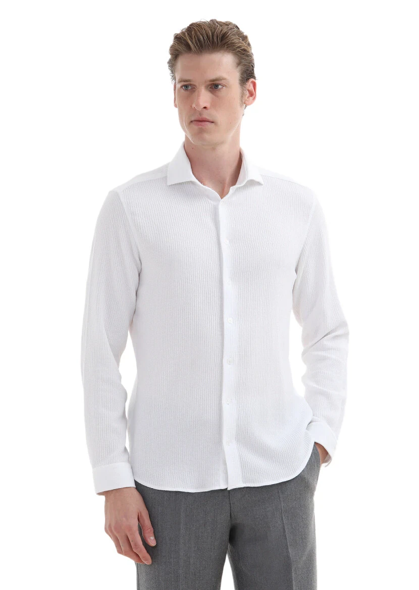 Beyaz Mikro Slim Fit Casual %100 Pamuk Gömlek - 2