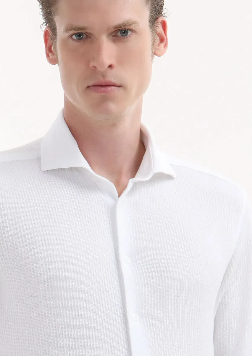 Beyaz Mikro Slim Fit Casual %100 Pamuk Gömlek - 3