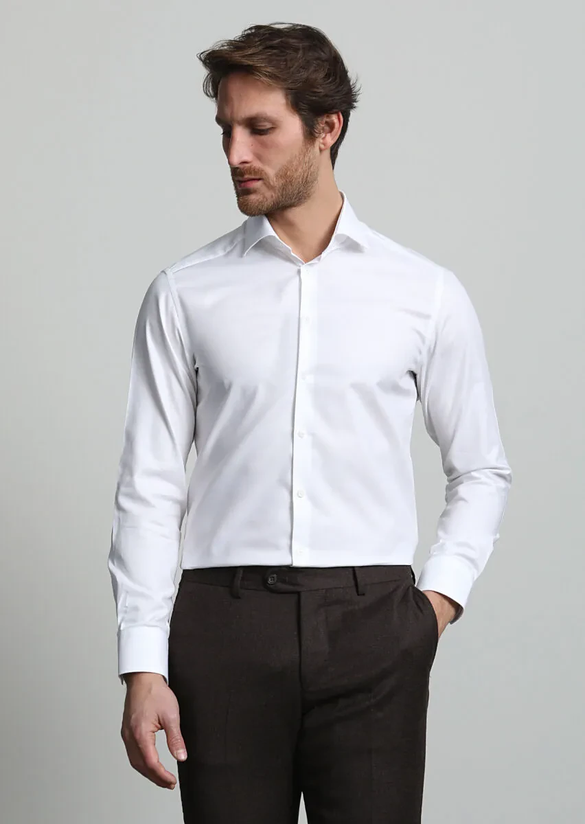 Beyaz Mikro Slim Fit Dokuma Klasik %100 Pamuk Gömlek - 1