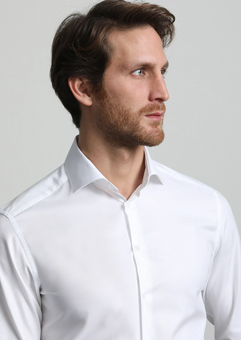 Beyaz Mikro Slim Fit Dokuma Klasik %100 Pamuk Gömlek - 2