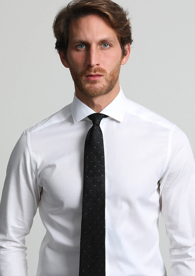 Beyaz Mikro Slim Fit Dokuma Klasik Pamuk Karışımlı Gömlek - 1