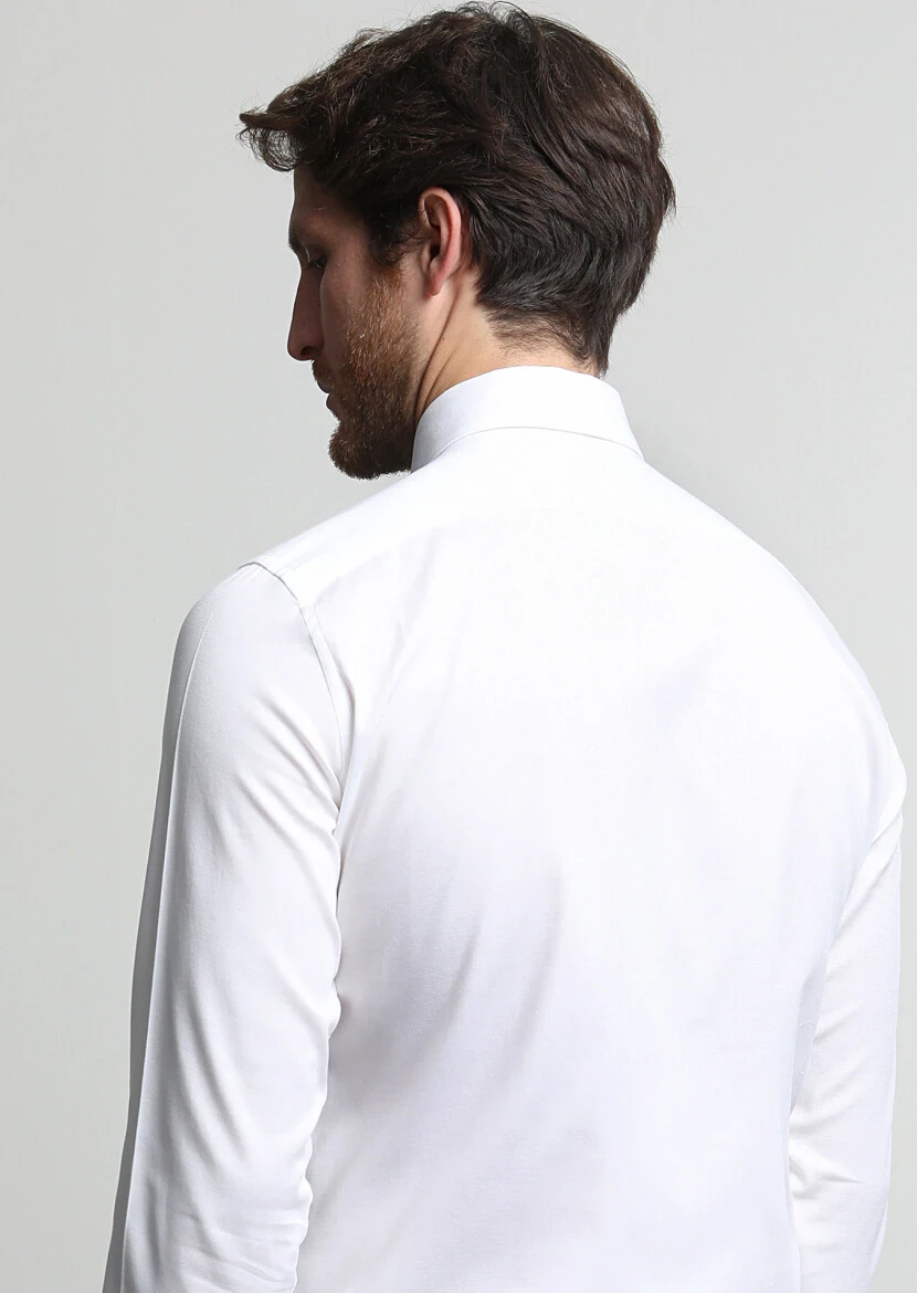 Beyaz Mikro Slim Fit Dokuma Klasik Pamuk Karışımlı Gömlek - 4