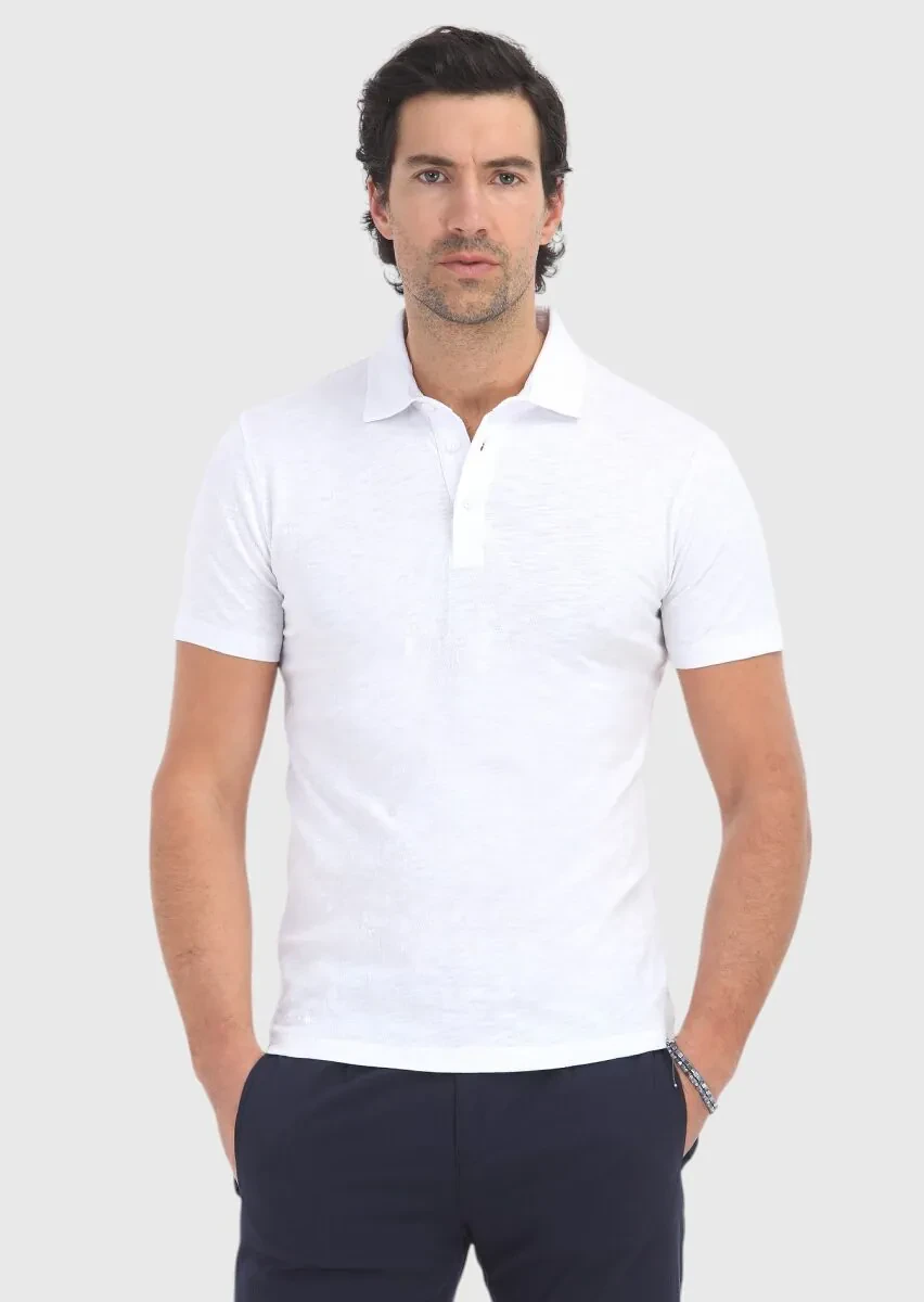 Beyaz Polo Yaka %100 Pamuk T-Shirt - 2