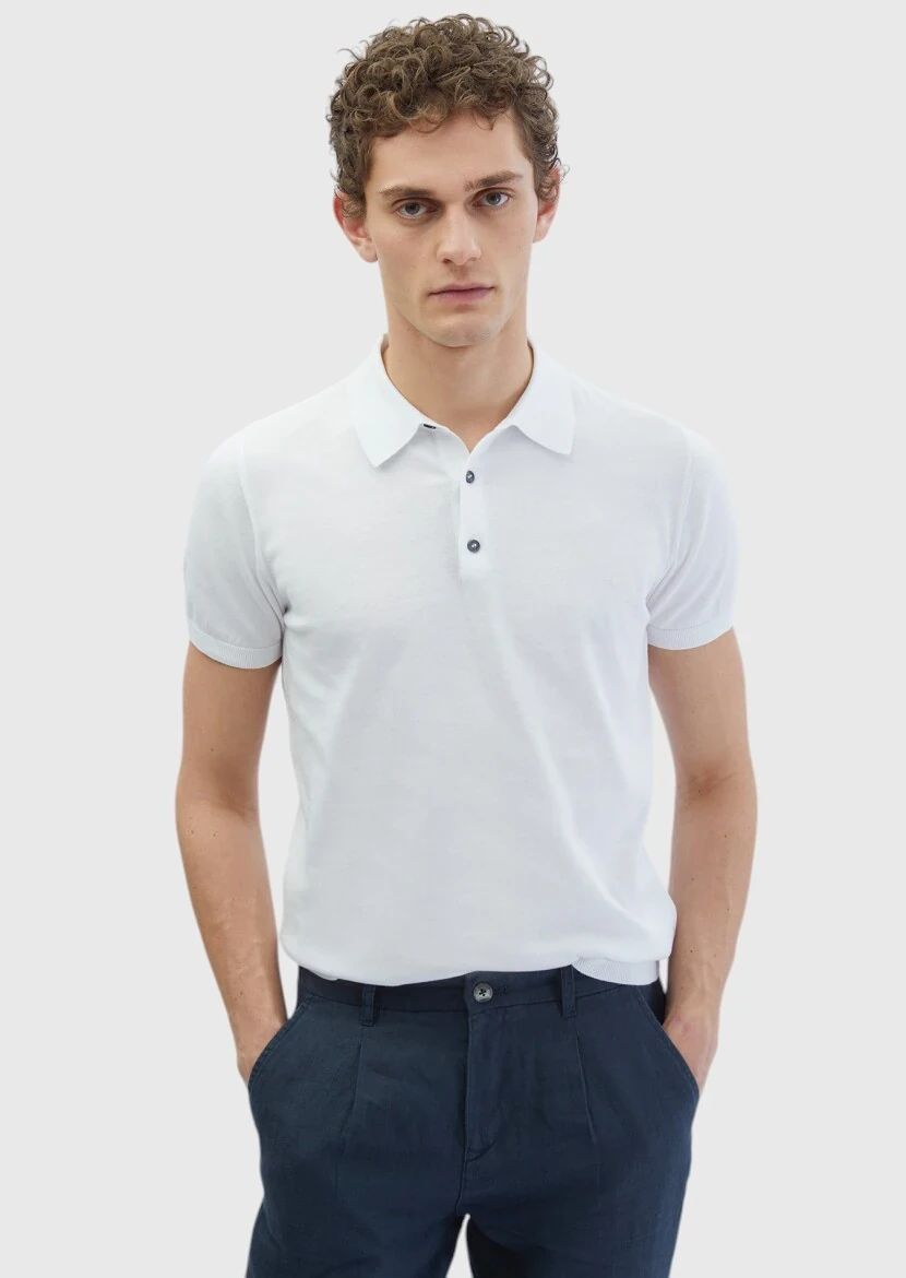 Beyaz Polo Yaka %100 Pamuk Triko - 1