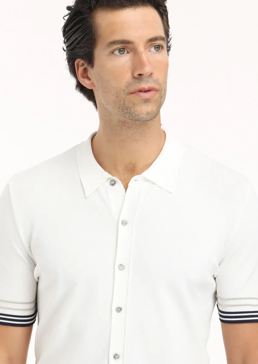 Beyaz Polo Yaka Düz Örgü Hırka - 4