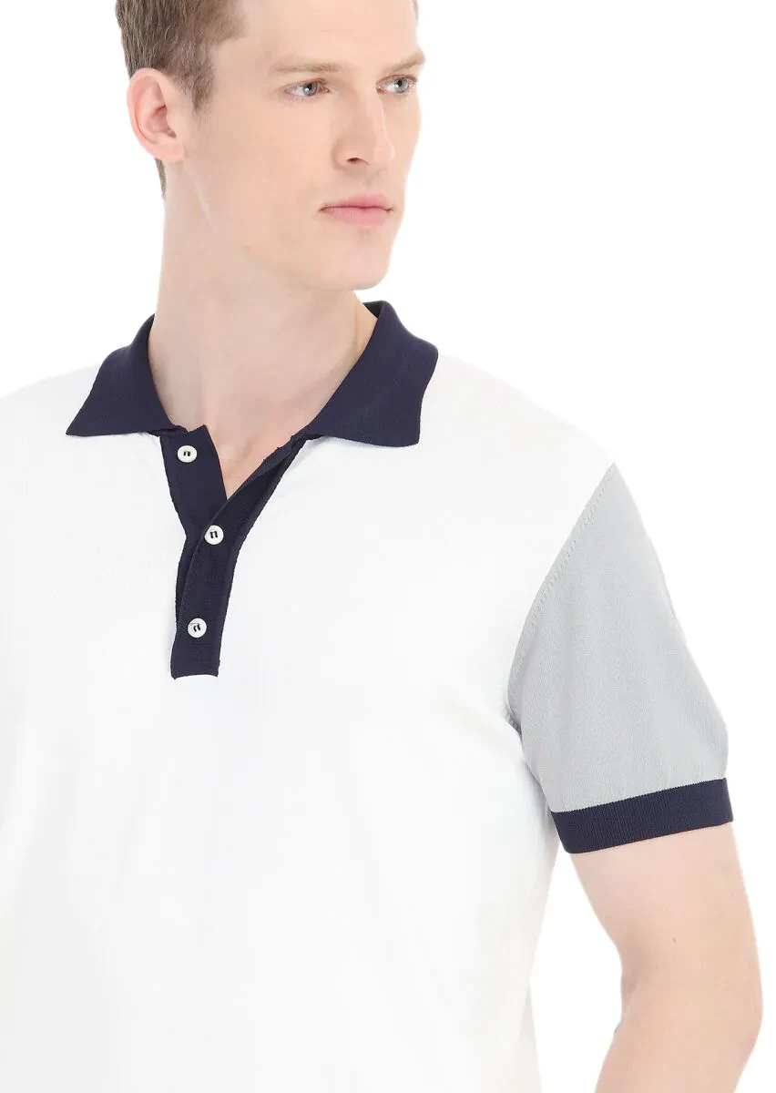 Beyaz Polo Yaka Düz Örgü Triko - 3