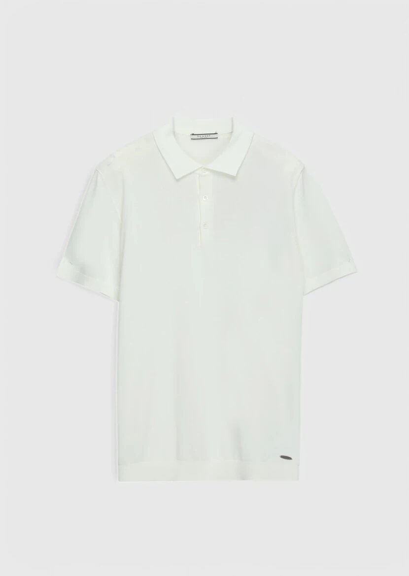 Beyaz Polo Yaka Düz Örgü Triko - 8