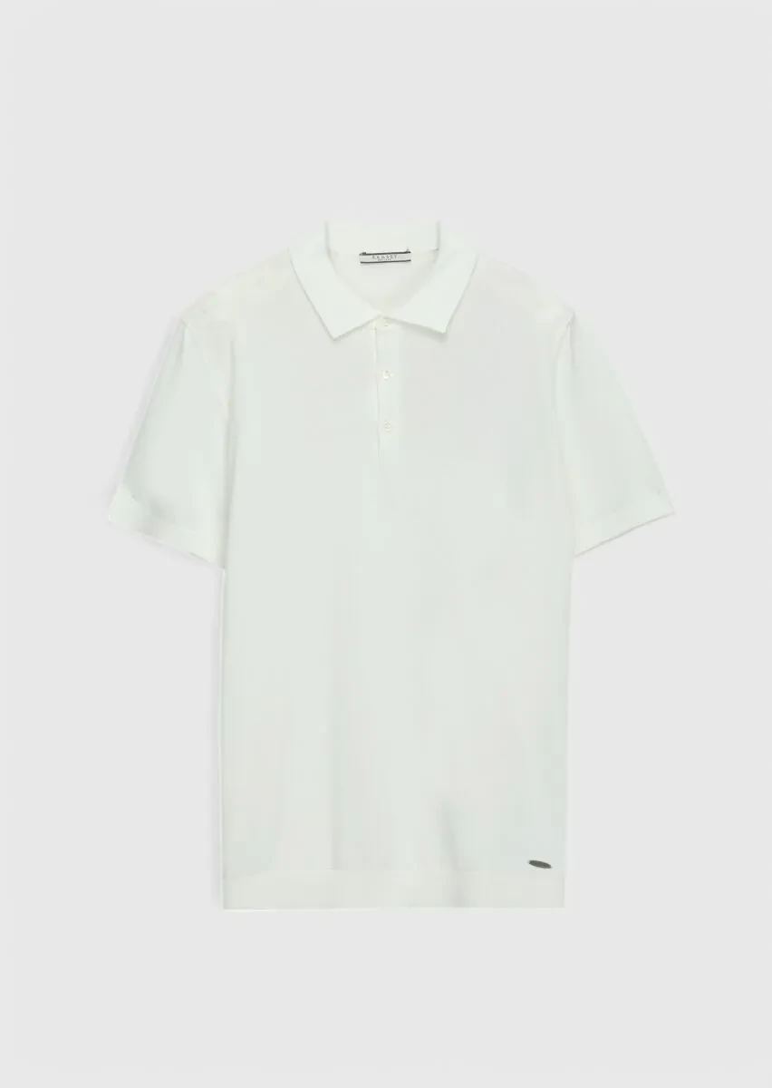 Beyaz Polo Yaka Düz Örgü Triko - 8