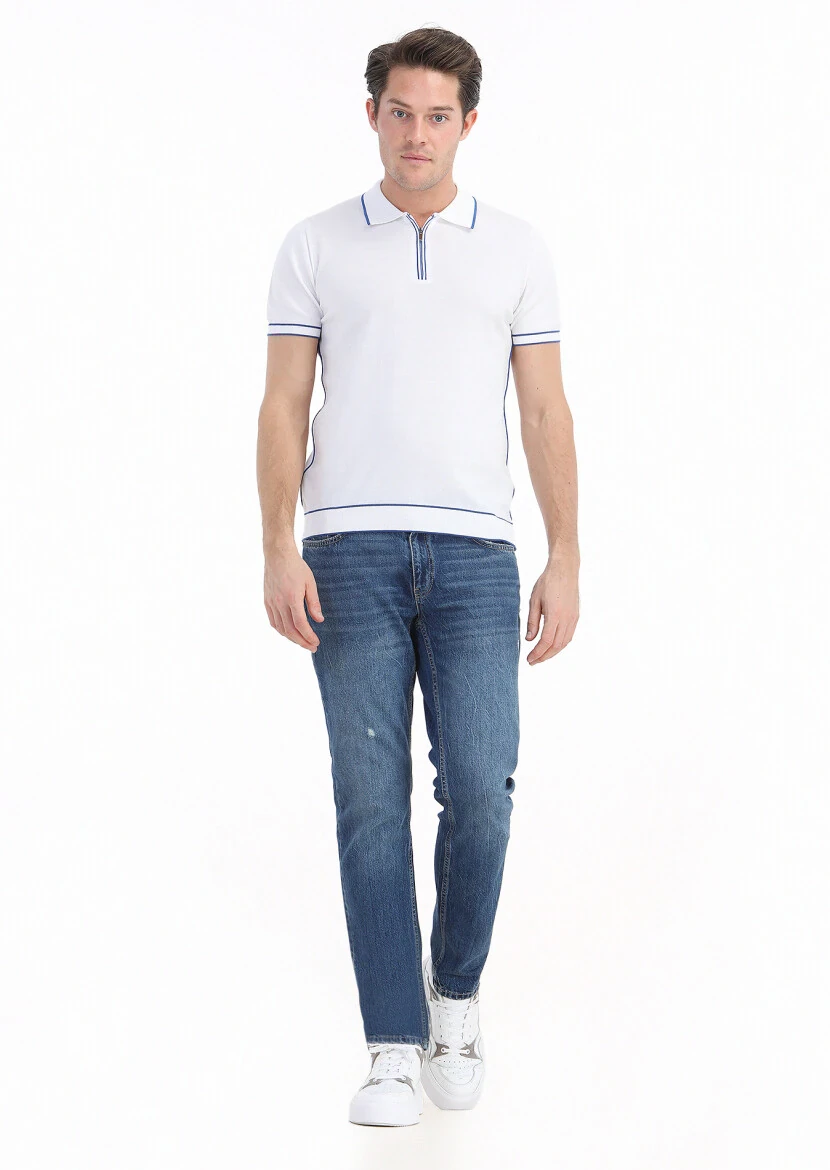 Beyaz Polo Yaka Jakarlı %100 Pamuk Triko - 1