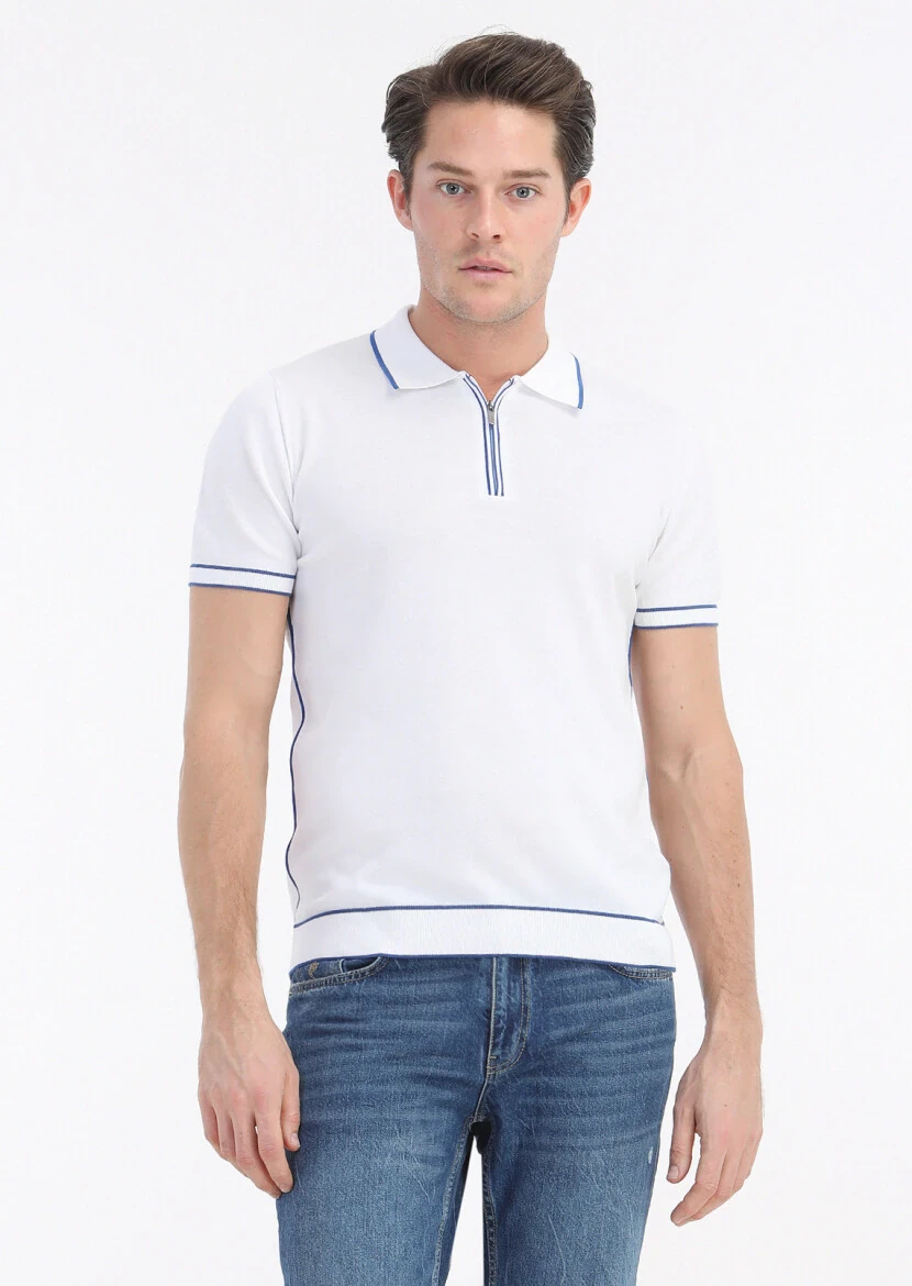Beyaz Polo Yaka Jakarlı %100 Pamuk Triko - 2