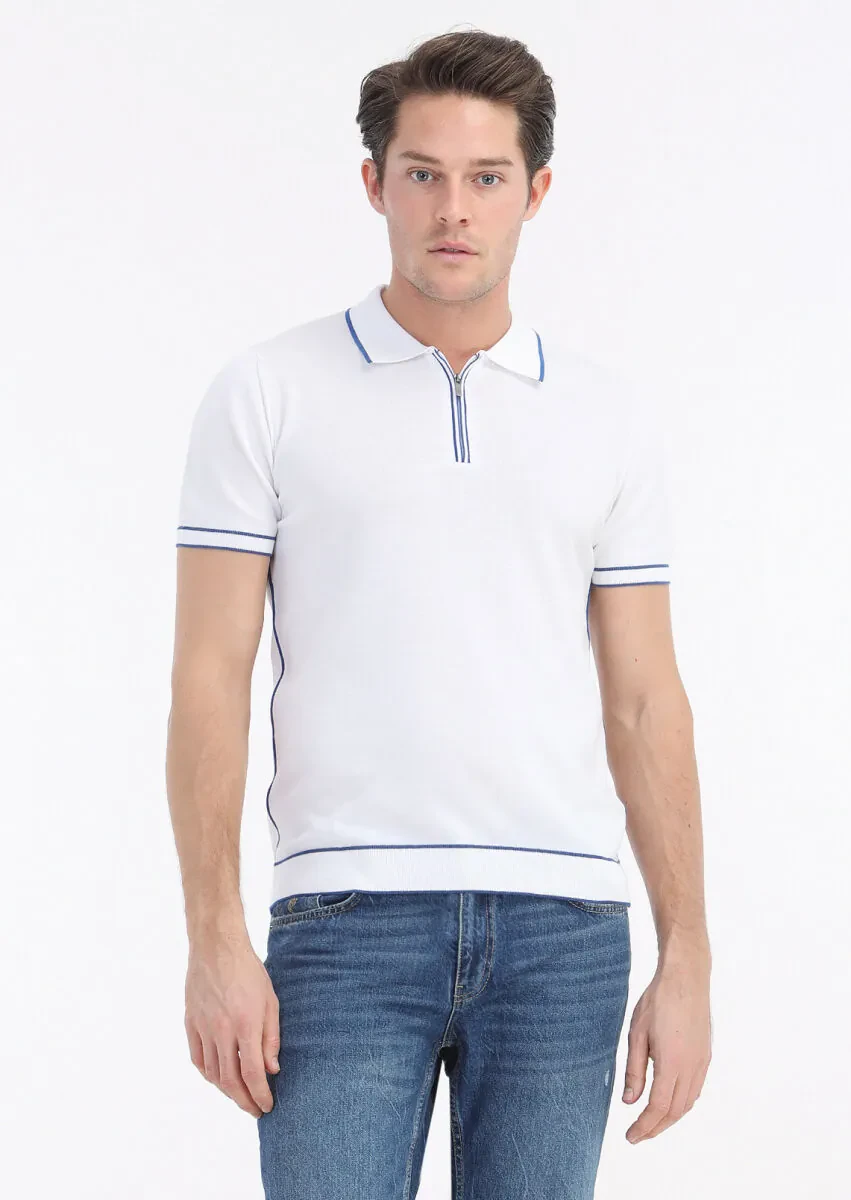 Beyaz Polo Yaka Jakarlı %100 Pamuk Triko - 2