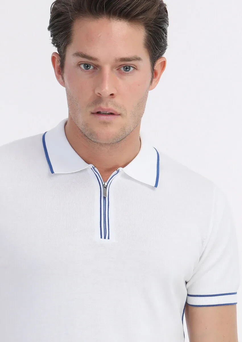 Beyaz Polo Yaka Jakarlı %100 Pamuk Triko - 3