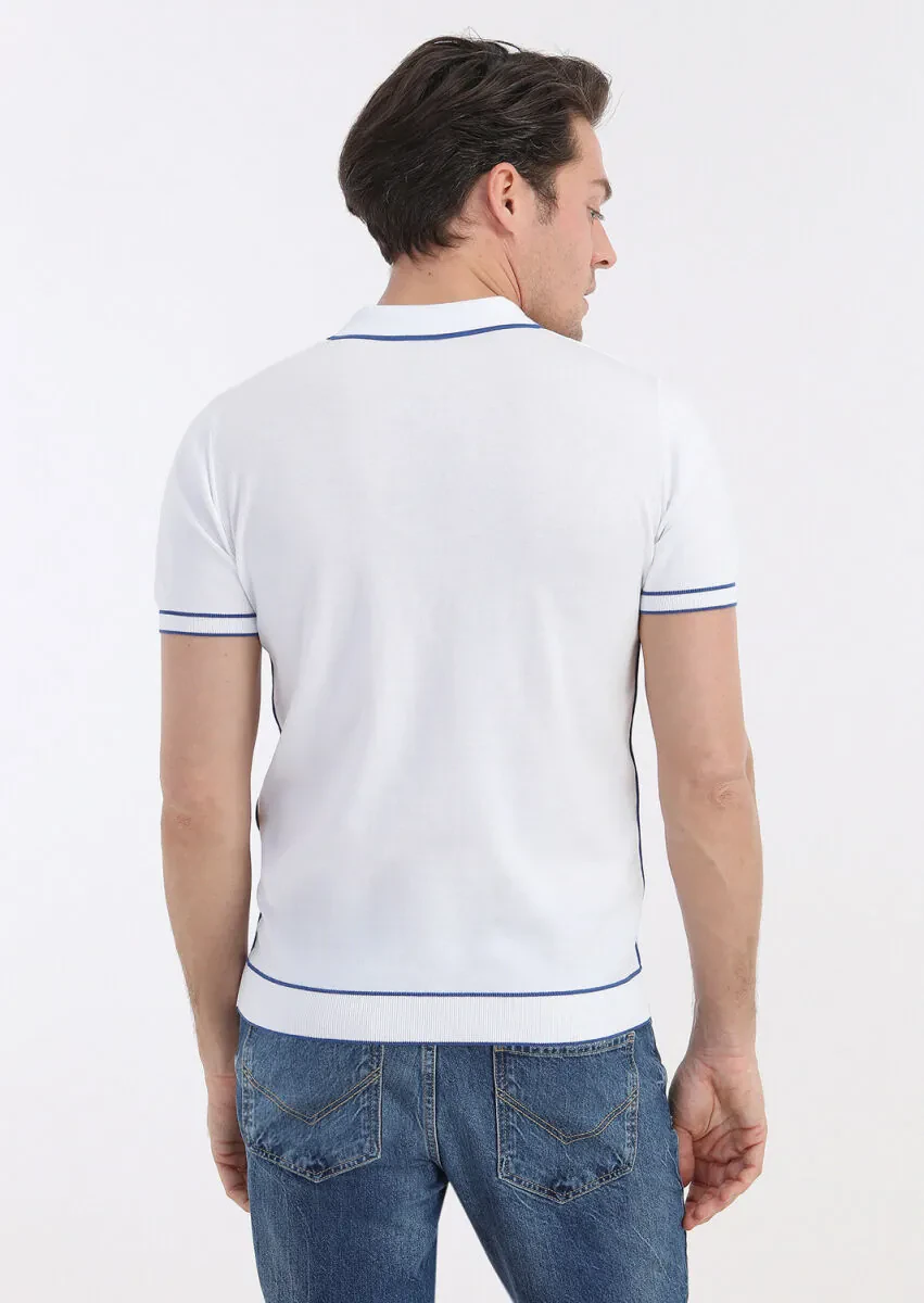 Beyaz Polo Yaka Jakarlı %100 Pamuk Triko - 4
