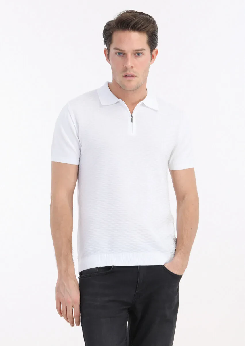 Beyaz Polo Yaka Jakarlı %100 Pamuk Triko - 2