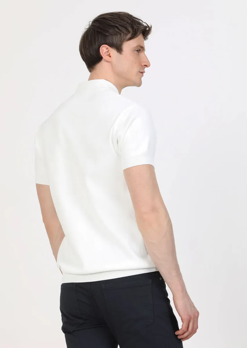 Beyaz Polo Yaka Jakarlı Triko - 5
