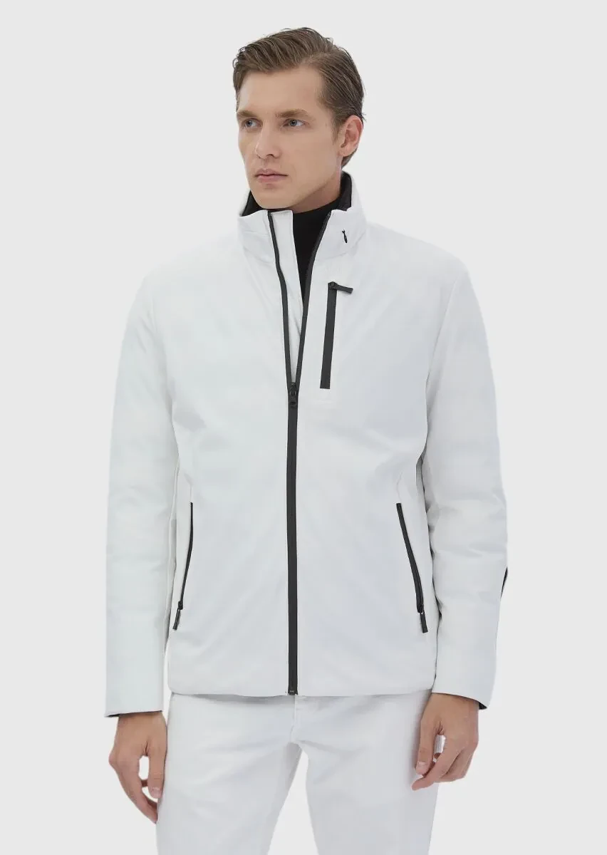 Beyaz Regular Fit Dik Yaka Casual Dokuma Çift Taraflı Mont - 5