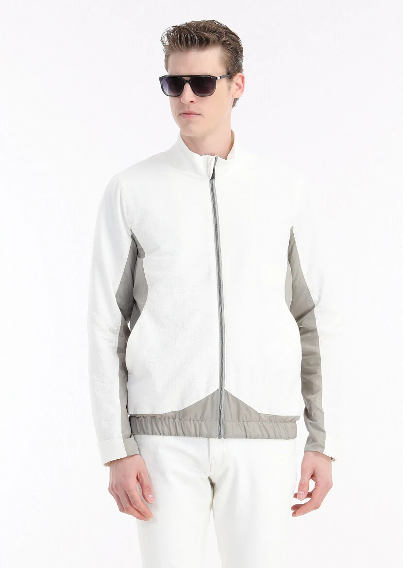 Beyaz Regular Fit Dik Yaka Casual Dokuma Mont - 4