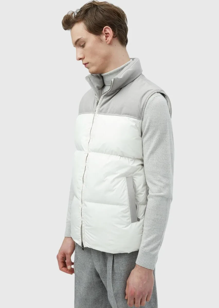 Beyaz Regular Fit Dik Yaka Casual Dokuma Spor Yelek - 4