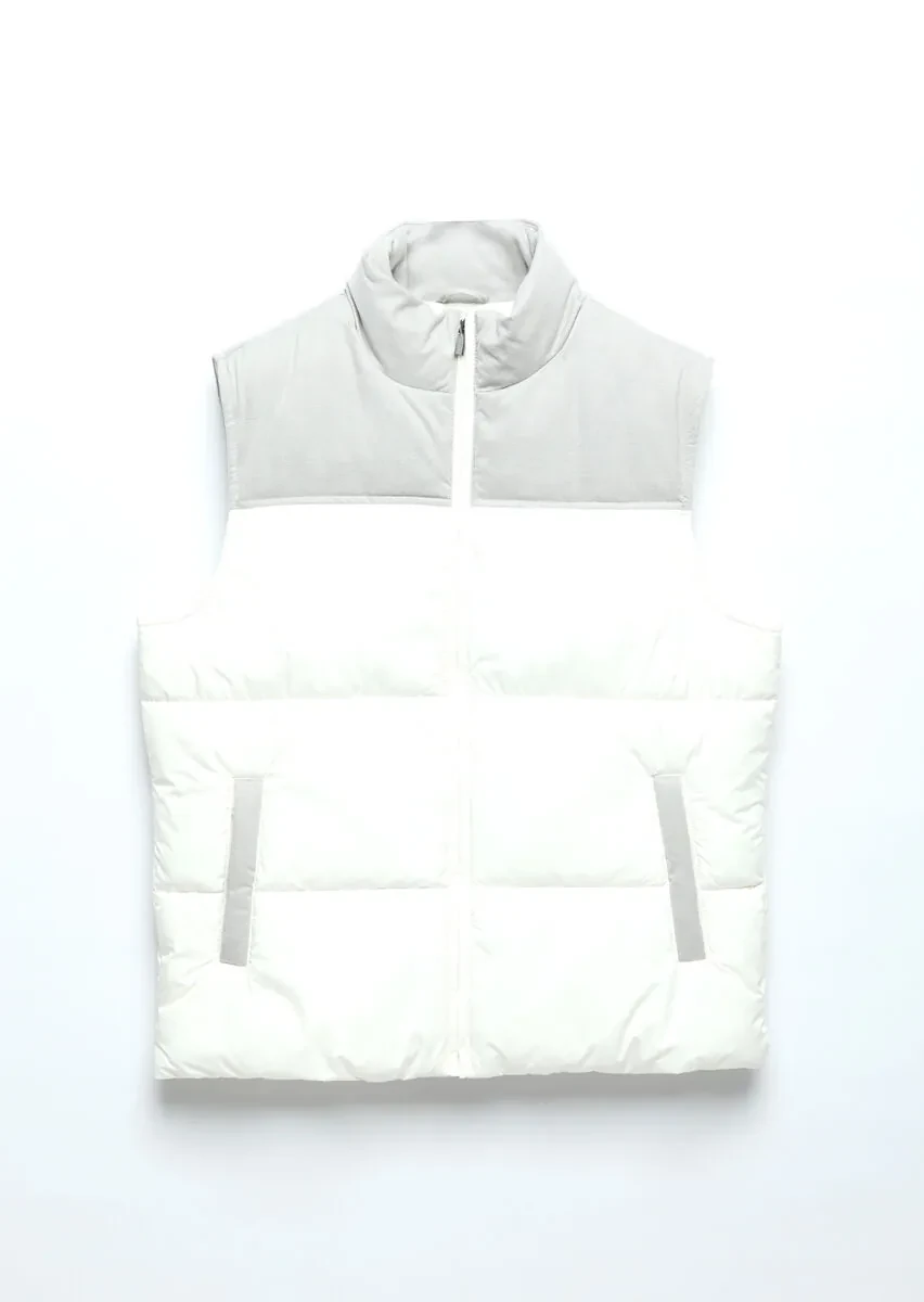 Beyaz Regular Fit Dik Yaka Casual Dokuma Spor Yelek - 7