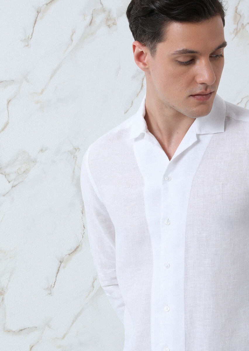 Beyaz Regular Fit Dokuma Casual %100 Keten Gömlek - 1