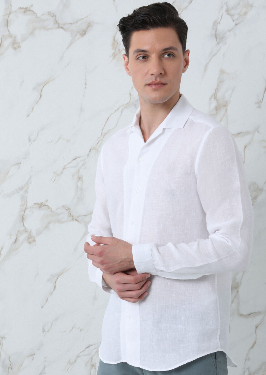 Beyaz Regular Fit Dokuma Casual %100 Keten Gömlek - 2