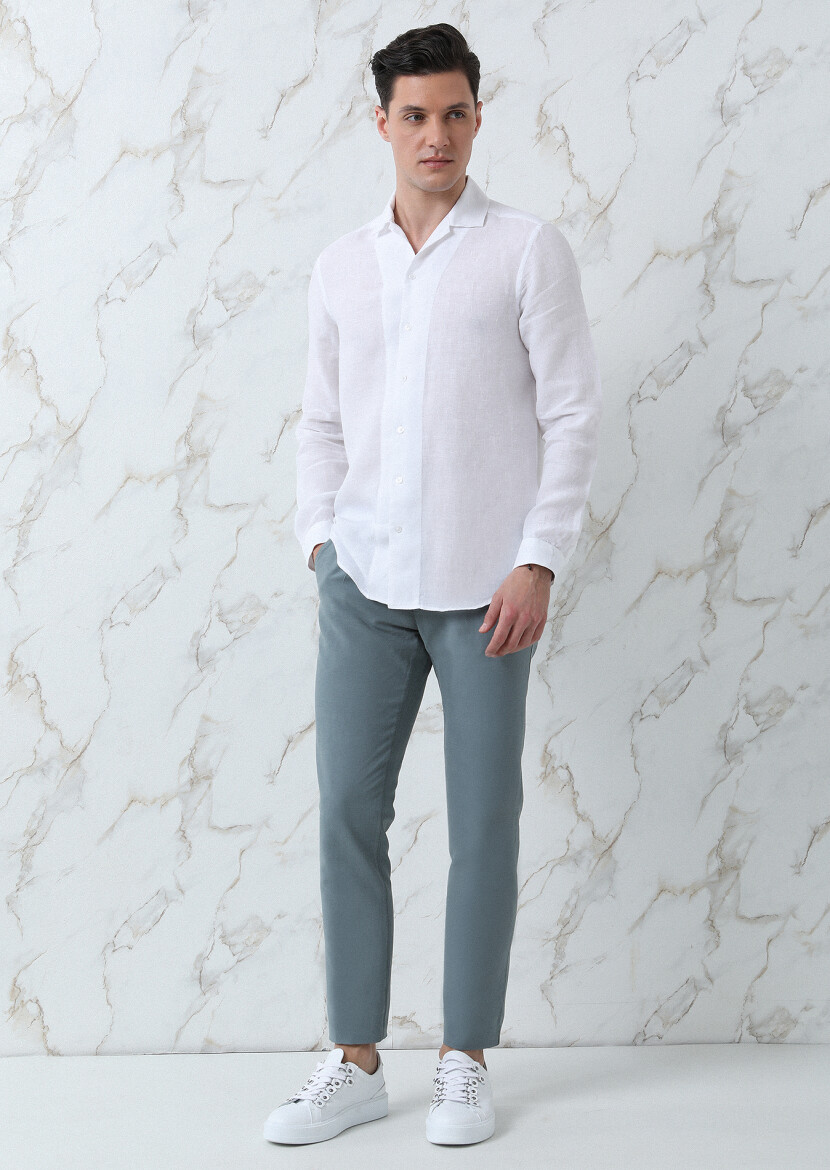 Beyaz Regular Fit Dokuma Casual %100 Keten Gömlek - 3