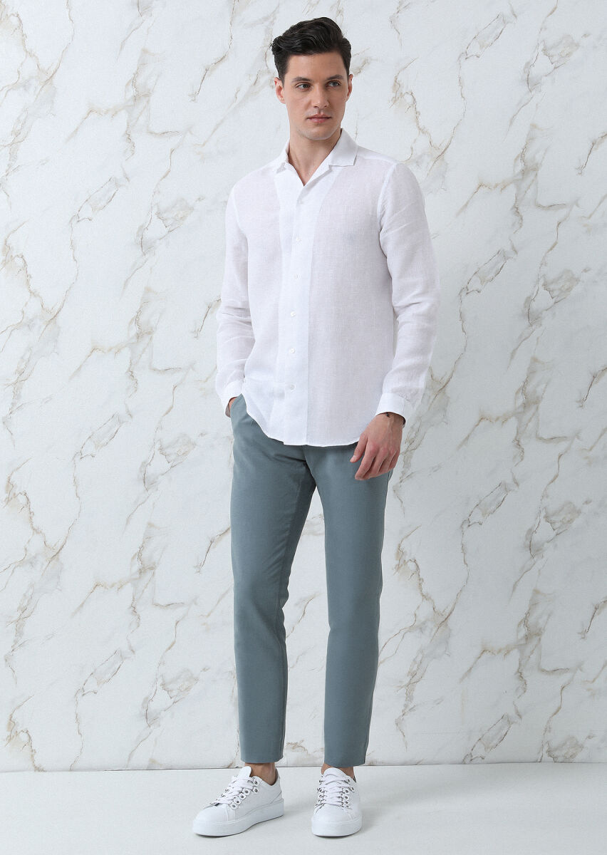 Beyaz Regular Fit Dokuma Casual %100 Keten Gömlek - 3