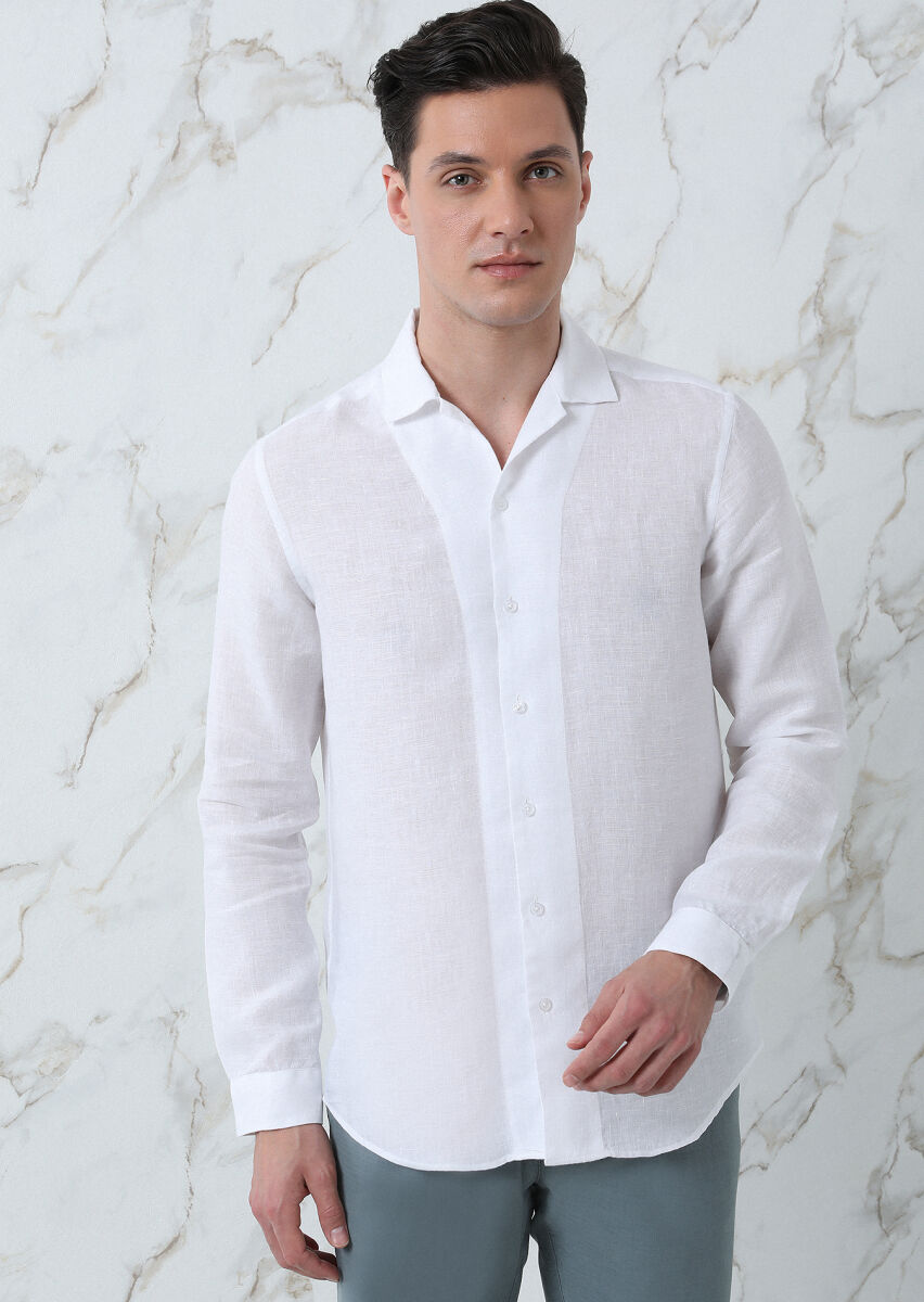 Beyaz Regular Fit Dokuma Casual %100 Keten Gömlek - 4