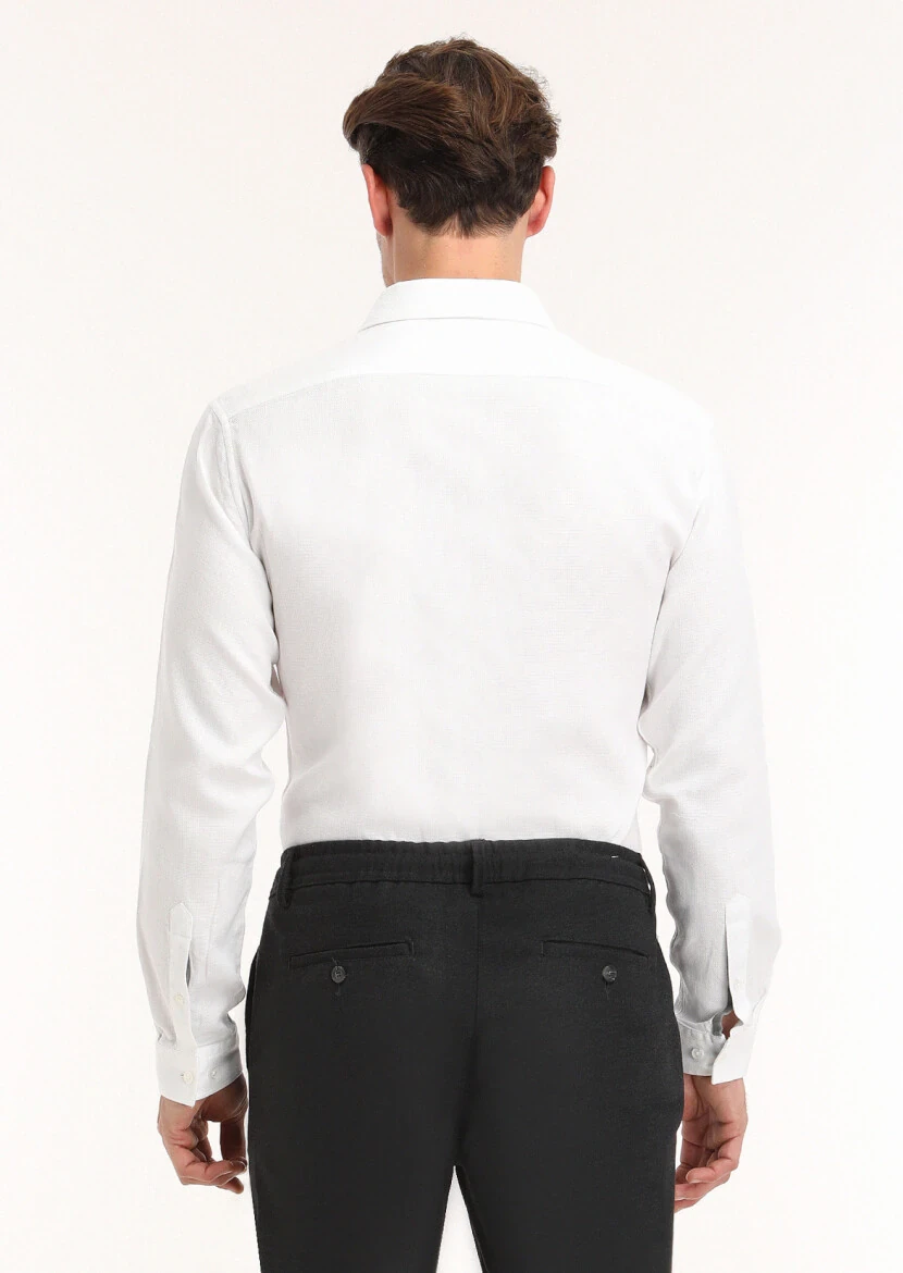 Beyaz Regular Fit Dokuma Casual %100 Pamuk Gömlek - 4