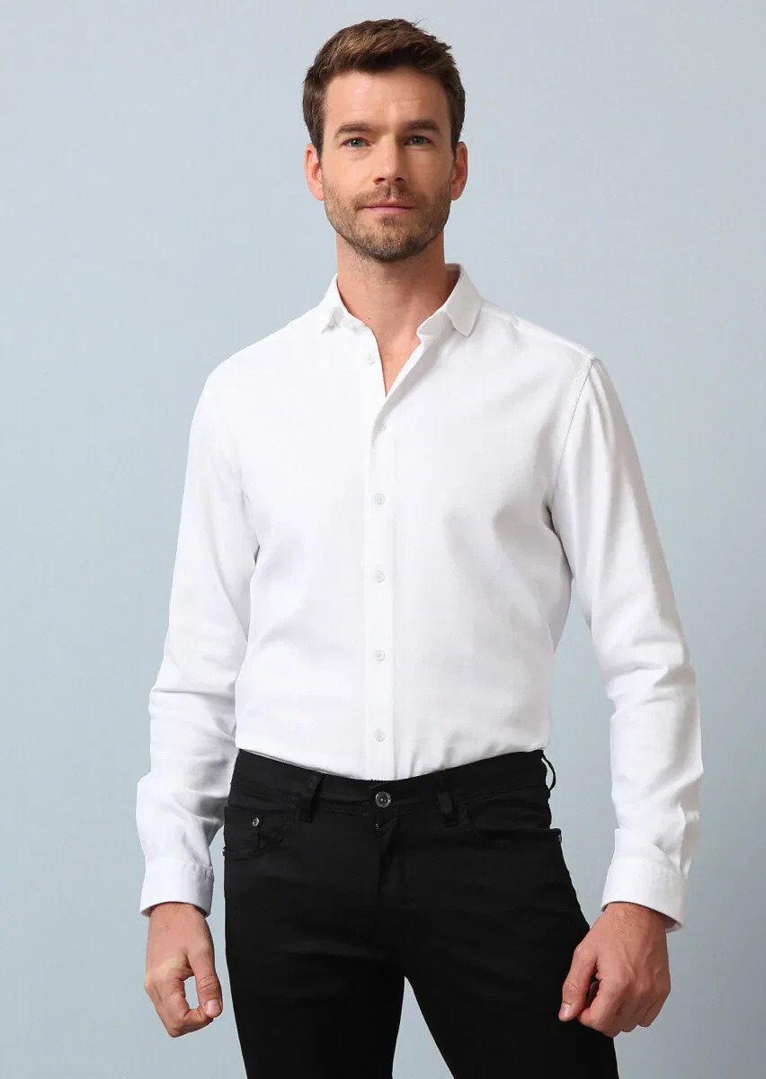 Beyaz Regular Fit Dokuma Casual Pamuk Karışımlı Gömlek - 1