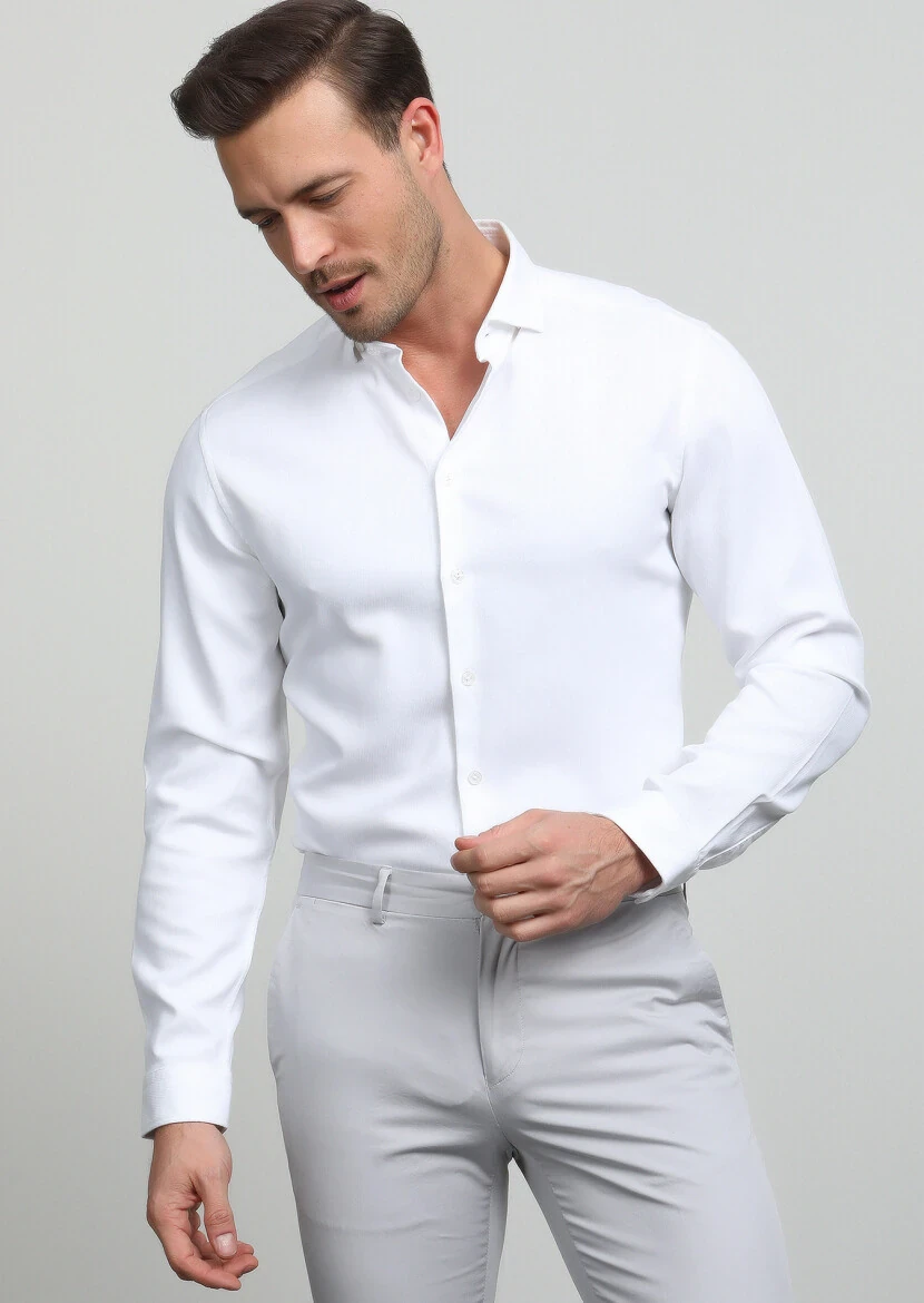 Beyaz Regular Fit Dokuma Casual Pamuk Karışımlı Gömlek - 3